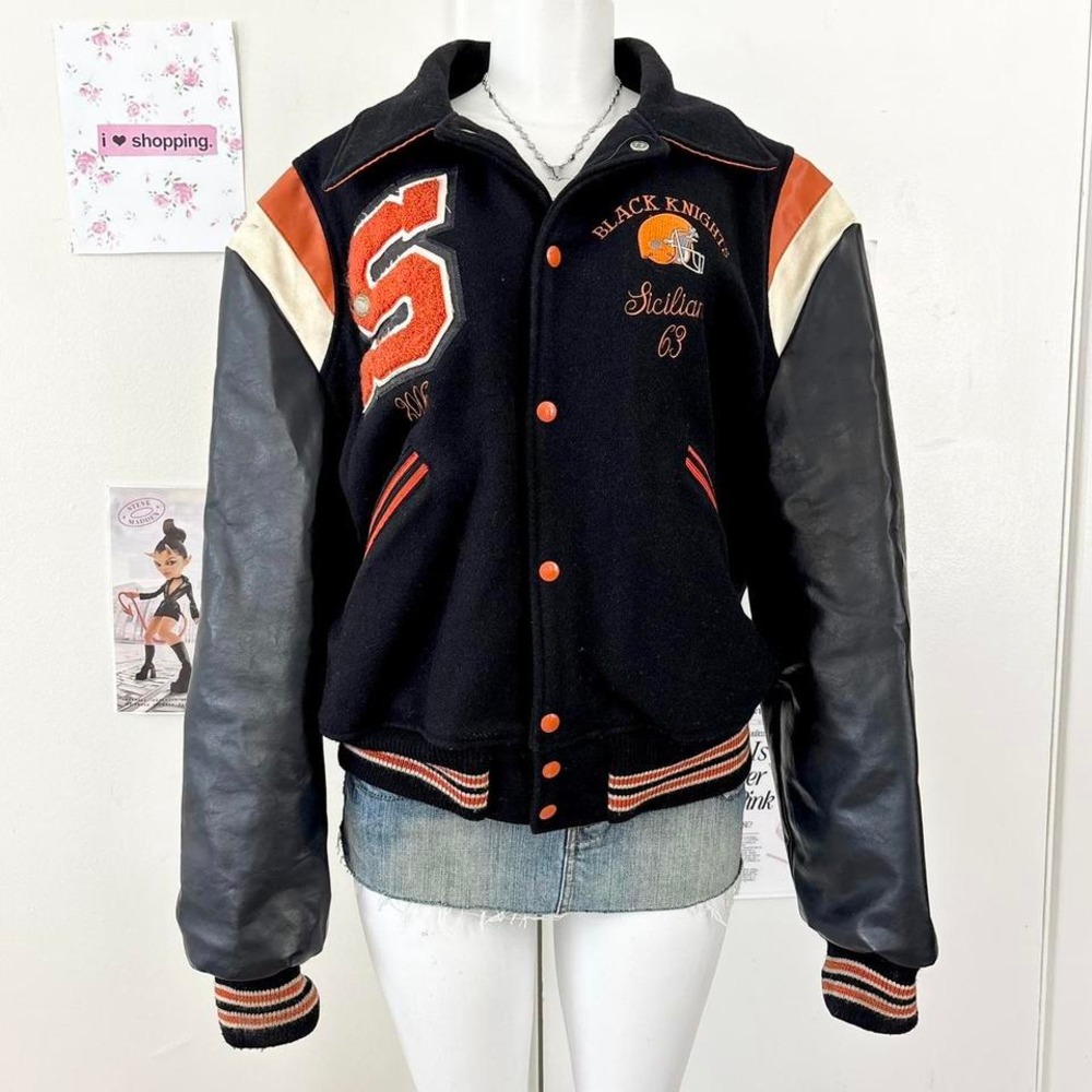 Vintage Black Knights Letterman Jacket Leather Sleeves  Dark Academia Jacket‎